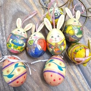 Vintage Lot of 8 Easter Egg Ornaments Decoupage Bunnies, Baby Chicks, Eggs '95